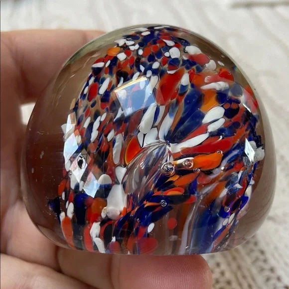 Abstract Glass Art Paperweight Sphere Dome- Red, Blue, and White flat bottom - Picture 4 of 12